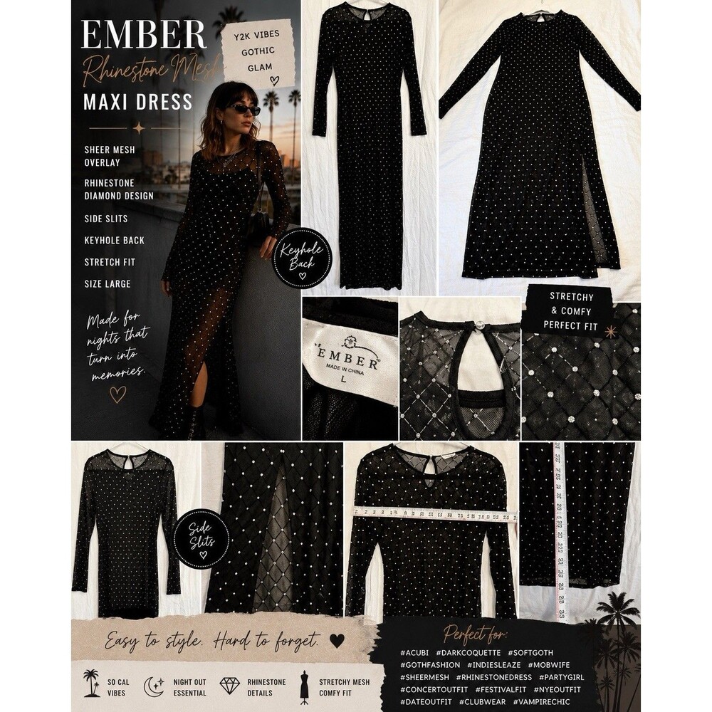 Ember Rhinestone Mesh Maxi Dress L Sheer Goth Y2K Acubi Party Club SoCal Nights